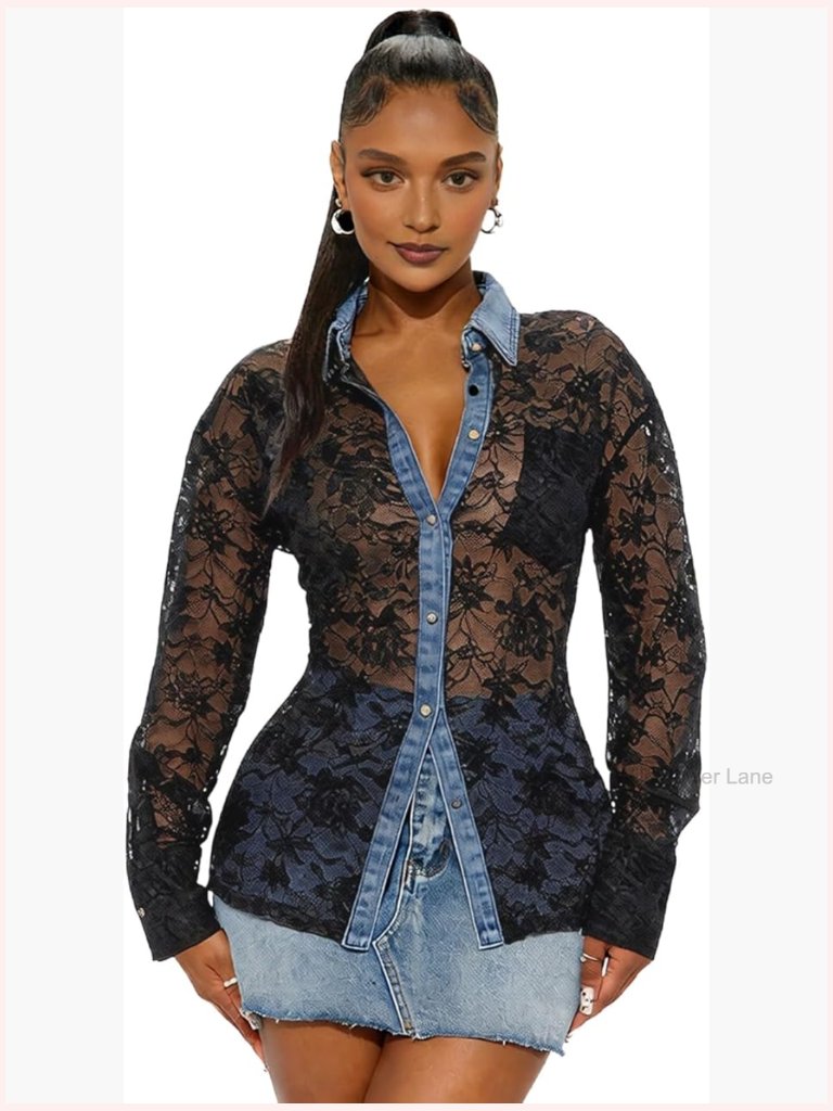 Denim Patchwork Lace Blouse Elegant Tie-Neck Button-Up Sheer Top